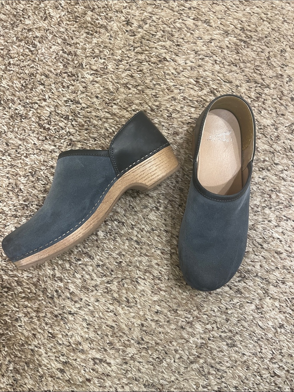 Dansko Slate Blue Suede Slip-On Clogs with Black Heel